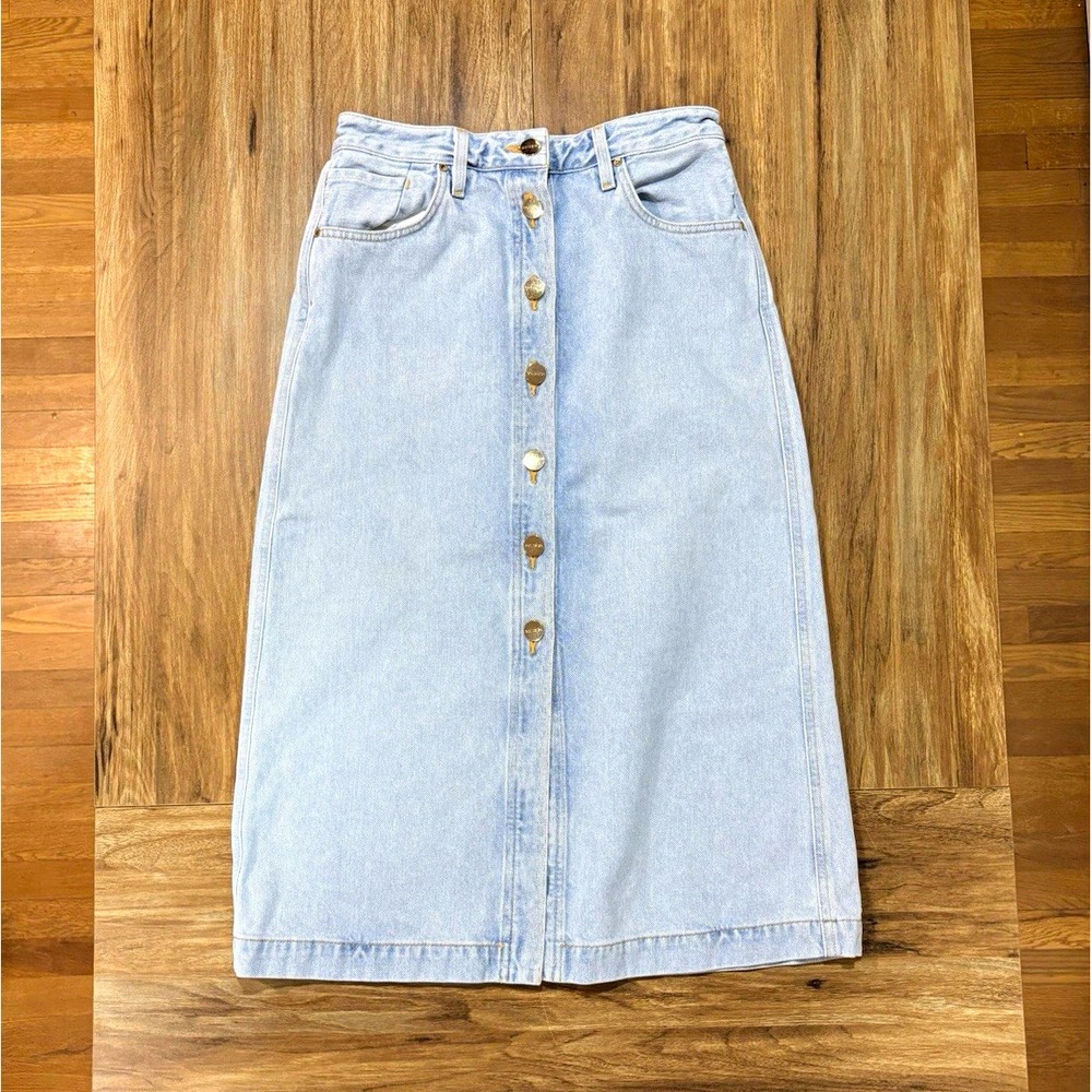 Goldsign Light Wash Blue Denim Gold Button Front Pockets Midi Skirt Women's 27